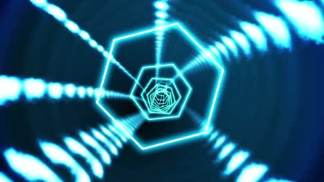Animation-of-glowing-hexagons-spinning-in-tunnel-of-glowing-lights