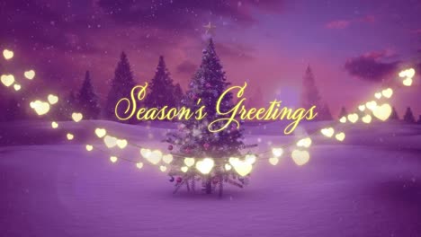 Animation-of-seasons-greetings-text,-strings-of-glowing-christmas-fairy-lights-and-christmas-tree