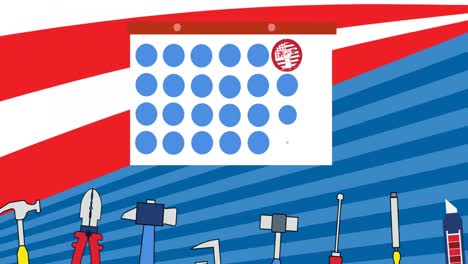 Animation-of-calendar-over-tools,-red,-white-and-blue-of-flag-of-united-states-of-america