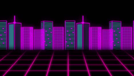 Animation-of-grey-hexagons-over-pink-and-blue-cityscape-and-pink-grid,-moving-on-black
