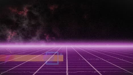 Animation-of-orange-banner-distorting-over-glowing-pink-grid-and-horizon,-moving-on-black