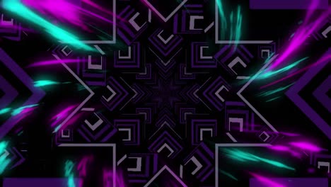 Animation-of-glowing-white,-pink-and-blue-lights-over-kaleidoscopic-shapes,-moving-on-black