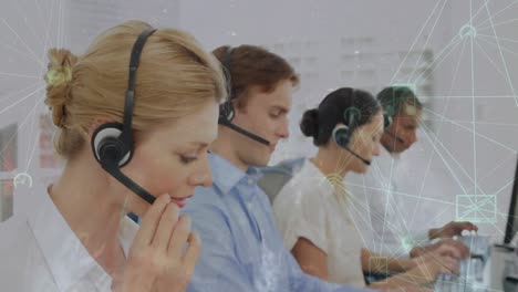Animation-of-network-of-connections-with-icons-over-business-people-using-phone-headsets