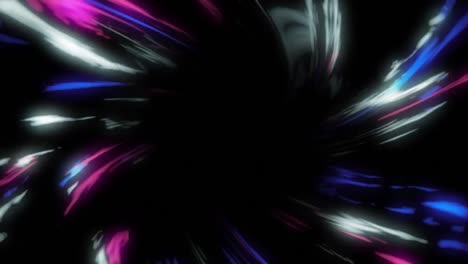 Animation-of-pink,-blue-and-white-swirling-light-trails-moving-on-black-background