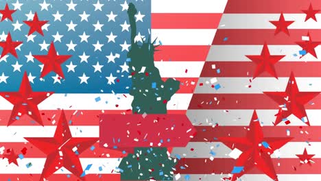 Animation-Der-Freiheitsstatue-Und-Der-Sterne-über-Der-Flagge-Der-Vereinigten-Staaten-Von-Amerika