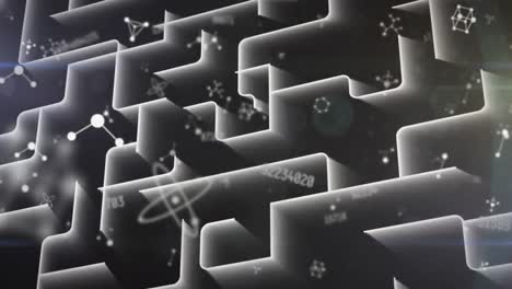 Animation-Von-Molekülen-Und-Datenverarbeitung-Auf-Schwarzem-Hintergrund