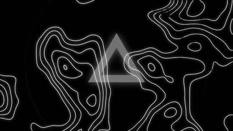 Animation-of-moving-contour-lines-over-flashing-white-triangles-and-circles,-on-black-background