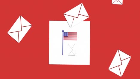 Animation-of-envelopes-falling-and-flag-in-red,-white-and-blue-of-united-states-of-america