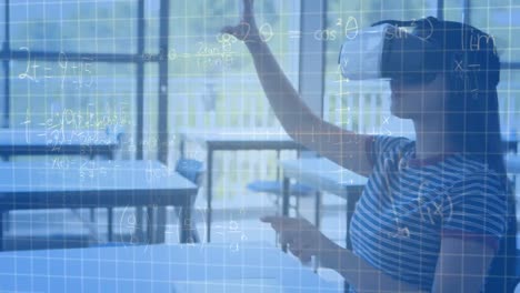 Mathematical-equations-floating-against-caucasian-girl-wearing-vr-headset-at-elementary-school