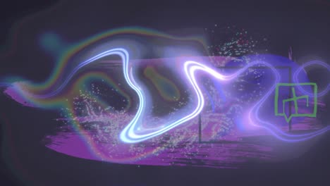 Animation-of-glowing-purple-liquid-and-green-speech-bubble-with-cross,-on-dark-background