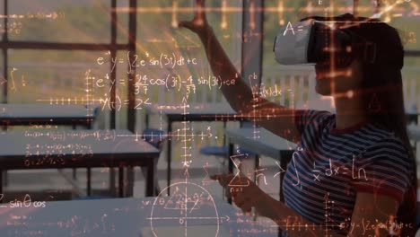Mathematische-Gleichungen-Schweben-Gegen-Ein-Kaukasisches-Mädchen,-Das-In-Der-Grundschule-Ein-VR-Headset-Trägt