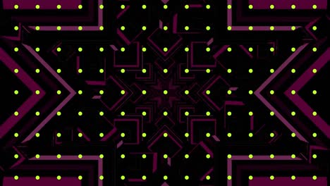 Animation-of-pink-stars-moving-over-grid-of-pulsating-yellow-dots,-on-black-background