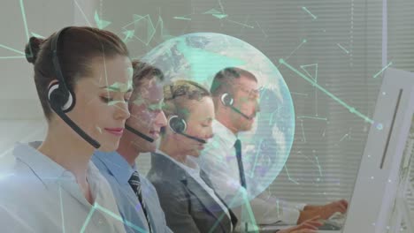 Animation-of-network-of-connections-and-globe-over-business-people-using-phone-headsets