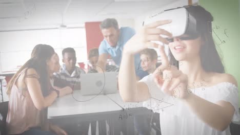 Animation-of-mathematical-equations-over-woman-wearing-vr-headset