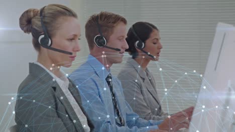 Animation-of-network-of-connections-over-business-people-using-phone-headsets
