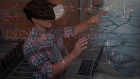 Animation-Mathematischer-Gleichungen-über-Einem-Schüler,-Der-Ein-VR-Headset-Trägt