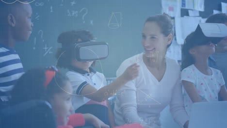 Mathematical-equations-against-caucasian-female-teacher-smiling-and-students-wearing-vr-headsets