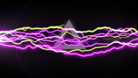 Animation-of-glowing-pink-and-yellow-electric-currents-over-white-circles-and-triangles-on-black
