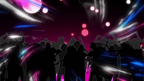 Lichtpunkte-über-Der-Silhouette-Von-Menschen,-Die-Gegen-Digitale-Wellen-Auf-Violettem-Hintergrund-Tanzen
