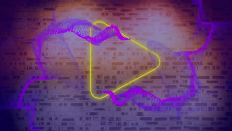 Digital-animation-of-purple-digital-waves-over-neon-yellow-play-icon-against-brick-wall