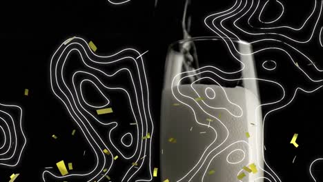 Topographie-Und-Goldenes-Konfetti,-Das-über-Champagner-Fällt,-Der-Vor-Schwarzem-Hintergrund-In-Ein-Glas-Strömt