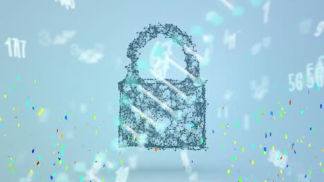 Digital-animation-of-confetti-falling-over-security-padlock-icon-and-dna-structure-spinning