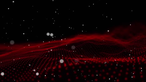 Digital-animation-of-multiple-white-dots-floating-against-red-digital-waves-on-black-background