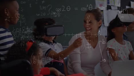 Animation-Mathematischer-Gleichungen-über-Schulkindern,-Die-VR-Headsets-Verwenden