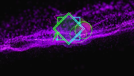 Animation-of-glowing-purple-mesh-and-neon-geometric-shapes-on-black-background