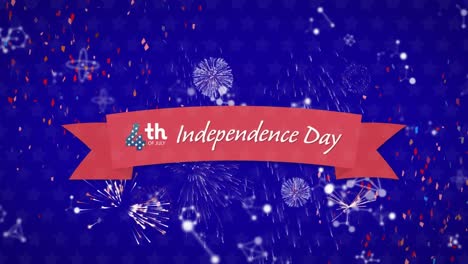 Konfetti-über-Dem-Textbanner-„Fröhlicher-Unabhängigkeitstag“-Vor-Explodierendem-Feuerwerk-Auf-Blauem-Hintergrund