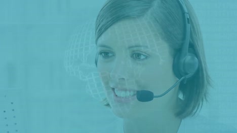 Globe-spinning-against-portrait-of-caucasian-female-customer-care-executive-talking-on-phone-headset