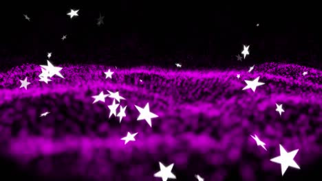 Digital-animation-of-multiple-star-icons-falling-against-purple-digital-waves-on-black-background