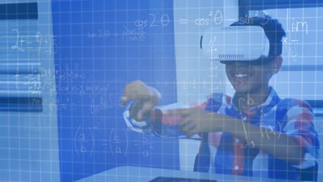 Animation-of-mathematical-equations-over-schoolboy-wearing-vr-headset