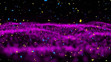 Digital-animation-of-confetti-falling-against-purple-digital-waves-on-black-background