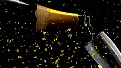 Golden-confetti-falling-over-champagne-pouring-into-a-glass-against-black-background