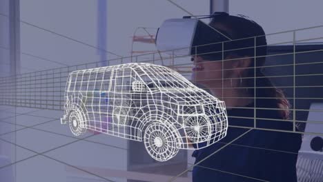 3D-Van-Modell-über-Digitalem-Tunnel-Vor-Frau-Mit-VR-Headset-Im-Büro