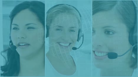 Globe-spinning-against-three-female-customer-care-executive-talking-on-phone-headset