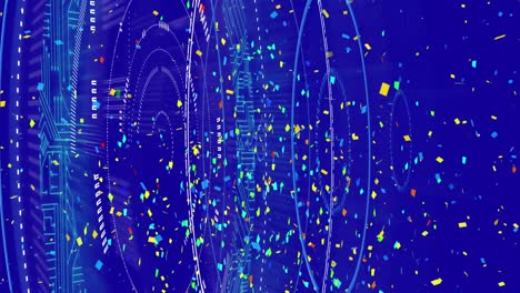 Digital-animation-of-confetti-falling-over-multiple-round-scanners-on-blue-background