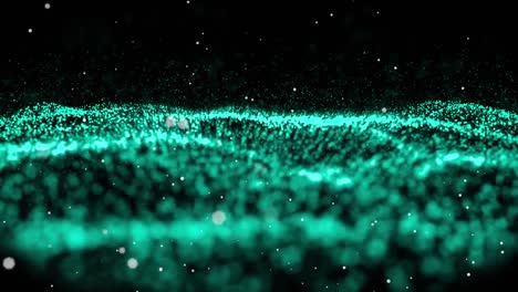 Digital-animation-of-multiple-white-dots-floating-against-green-digital-waves-on-black-background