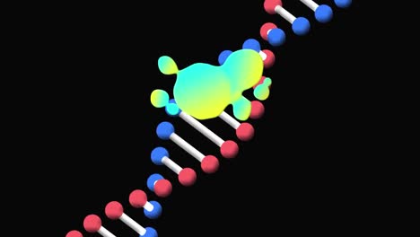 Animation-Eines-Leuchtenden-Kleckses-über-Einem-DNA-Strang,-Der-Sich-Auf-Schwarzem-Hintergrund-Dreht