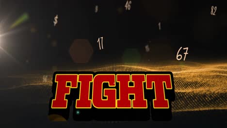 Animation-of-fight-text-over-numbers-and-gold-mesh-flowing