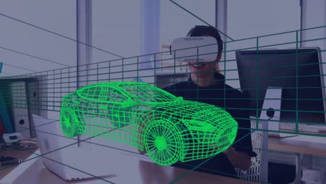 Modelo-De-Automóvil-3D-Sobre-Túnel-Digital-Contra-Una-Mujer-Que-Usa-Auriculares-VR-En-La-Oficina