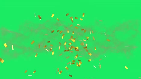Animation-of-confetti-falling-over-dna-strand-spinning-over-green-background