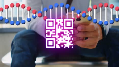 Neon-qr-code-scanner-and-dna-structure-spinning-against-mid-section-of-man-using-smartphone