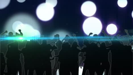 Digitale-Animation-Einer-Lichtspur-über-Der-Silhouette-Von-Menschen,-Die-Gegen-Lichtpunkte-Tanzen