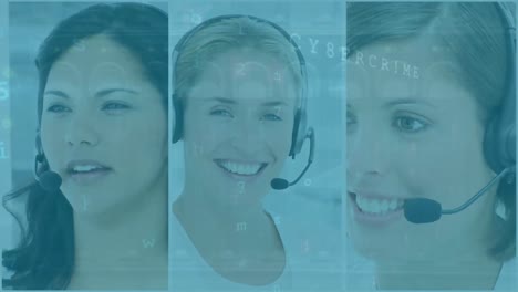 Cyber-security-data-processing-over-three-female-customer-care-executive-talking-on-phone-headset