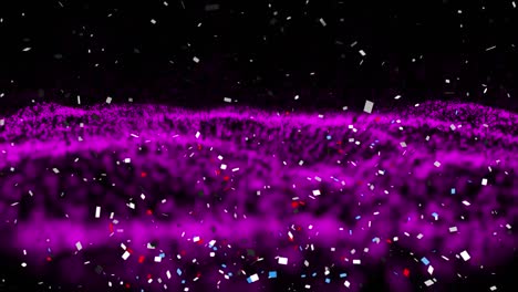 Digitale-Animation-Von-Konfetti,-Die-über-Violette-Digitale-Wellen-Auf-Schwarzem-Hintergrund-Fällt