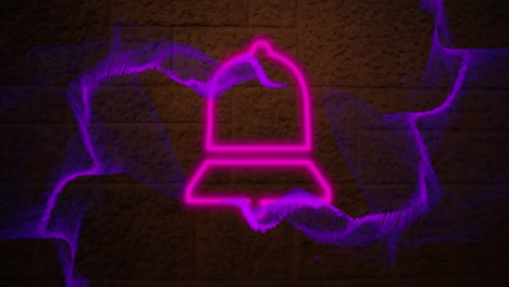 Digital-animation-of-purple-digital-waves-over-neon-pink-notification-bell-icon-against-brick-wall