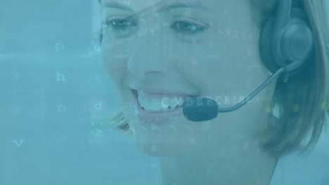 Cyber-security-data-processing-on-caucasian-female-customer-care-executive-talking-on-phone-headset