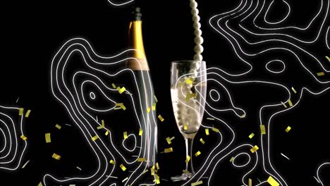 Topography-and-confetti-falling-over-pearl-beads-falling-in-champagne-glass-against-black-background